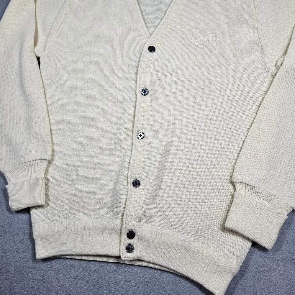 VINTAGE Izod Sweater Mens‎ Small Ivory Acrylic V-neck Cardigan Logo Grandpa